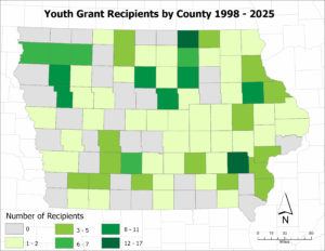 Image of Iowa Counties map detailing number of youth grant recipients per County 1998-2025