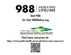 back of mental health postcard. Information to 988 lifeline along with link to I-CASH farm stress resources.